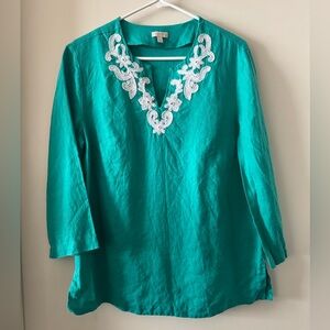 Women’s Teal Tunic with White Embroidered V-Neck